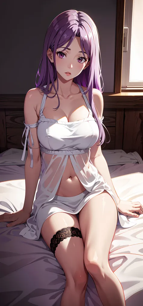 absurd res, high res, (masterpiece:1.4), ultra-detailed, 1girl, tokime, bedroom, sitting, stockings, purple eyes, purple hair, d...