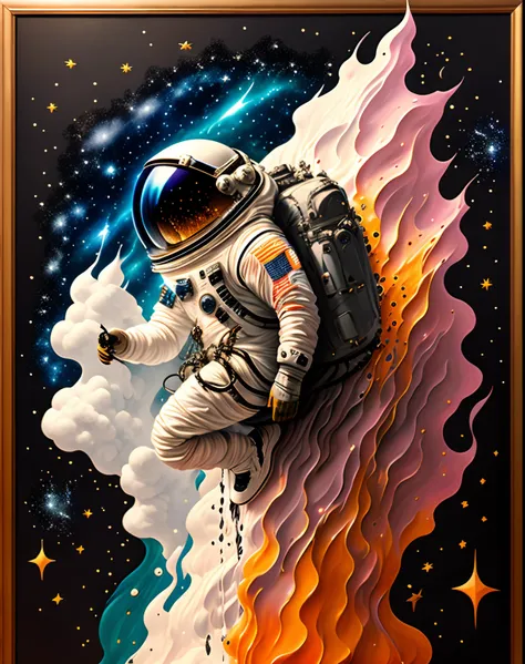 Astronaut,  Climb beautiful asteroids,  character render, ultra high quality model, Abstract beauty, explosive volumetric, Oil painting, Heavy strokes, paint drips，Full of technology，The starry sky is brilliant。Fantastic sci-fi