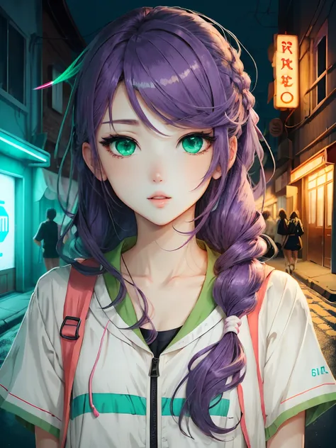 anime illustrated,purple color  hair,Green eyes,student clothes,Neon Street