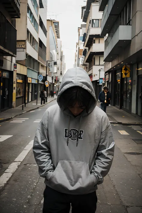 Image of a sad person with their head down wearing a hoodie, andando na rua