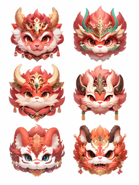 Six cute dragon masks。Cute expressions，There are dragon horns，The look of a cute pet，Smile kindly，Some are grinning-sized