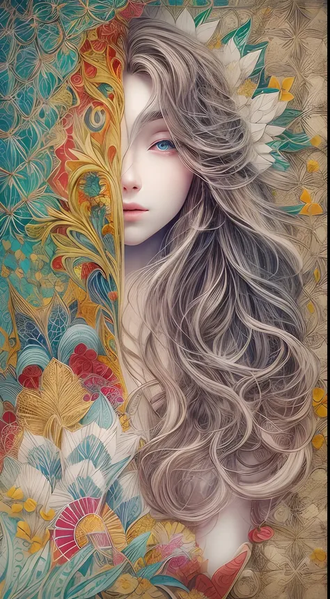 （Beauty side face，long whitr hair，eye closeds，Masterpiece Narcissus），with rainbow colored background，（illustratio：1.2，paper art：1.2，zentangle，3Drenderingof），（best qualtiy，high detal，tmasterpiece，Cinematic lighting effects，4K，Chiaroscuro）