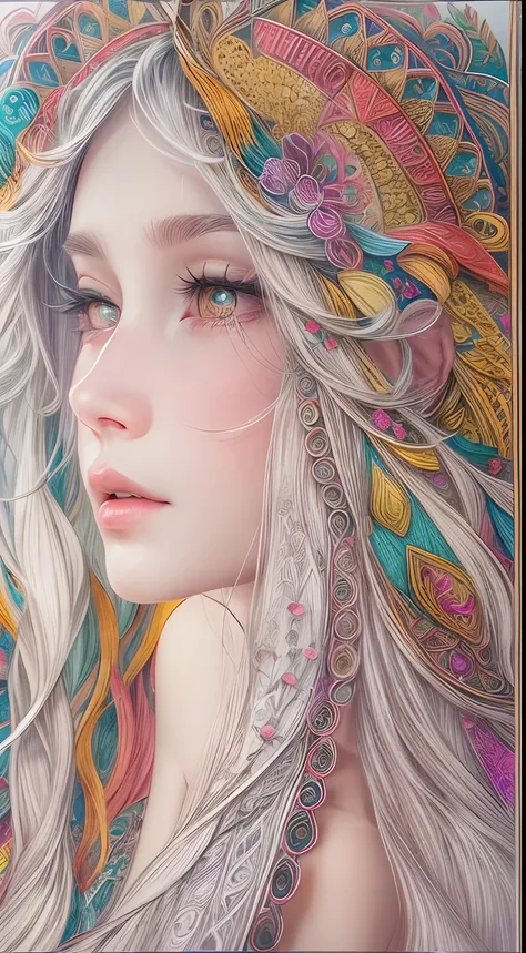 （Beauty side face，long whitr hair，eye closeds，Masterpiece Narcissus），with rainbow colored background，（illustratio：1.2，paper art：1.2，zentangle，3Drenderingof），（best qualtiy，high detal，tmasterpiece，Cinematic lighting effects，4K，Chiaroscuro）