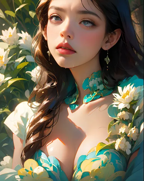 1girll,Breast clips,Wooden fixtures,gigantic cleavage breasts,Sweet,Outdoors, side lights,God_Rays,(Female_:1.3),(Drooling:1.3),(parted lip:1.3),flower  sea,rim_Light,available  light, --auto --s2