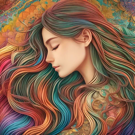 A beautiful girl with a side profile, long flowing hair, and closed eyes. She is depicted as a masterpiece of art. The background is filled with vibrant rainbow colors. The illustration is rendered in a papercraft style with intricate details, resembling a...