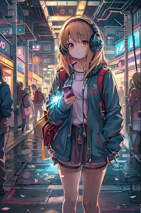 Anime girl with headphones and backpack looking at mobile phone, anime style 4 k, alice x. zhang, digital anime art, nightcore, digital anime illustration, digital art in anime style, anime art wallpaper 4k, anime art wallpaper 4k, anime art style, anime d...