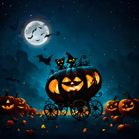 (halloween theme:1.5), (Pumpkin Carriage:1.5), chibi emote, flying starry sky like a movie "ET", Like the famous scene of the movie ET、Pumpkin Carriage soars through the sky、under huge full moon, silhuette、