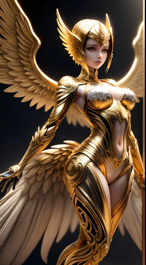 Mechanical style，golden theme，（1 mechanical female angel，anatomy correct，full bodyesbian，Golden wings，standing on your feet，circular base），Black and white background，（3Drenderingof，best qualtiy，the detail，tmasterpiece，Social art，Cinematic lighting effects，...