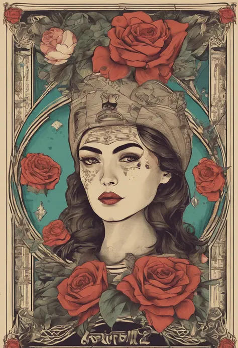 ((best quality)) , ((masterpiece)) , (detailed) ，（Tarot card illustration:1.1),loungewear, buxom American Beauty of Excellence, No makeup, Face Tattoos, Realistic, Smirking, Dollpunk, 50mm, 8k resolution