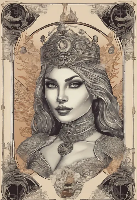 ((best quality)) , ((masterpiece)) , (detailed) ，（Tarot card illustration:1.1),loungewear, buxom American Beauty of Excellence, No makeup, Face Tattoos, Realistic, Smirking, Dollpunk, 50mm, 8k resolution