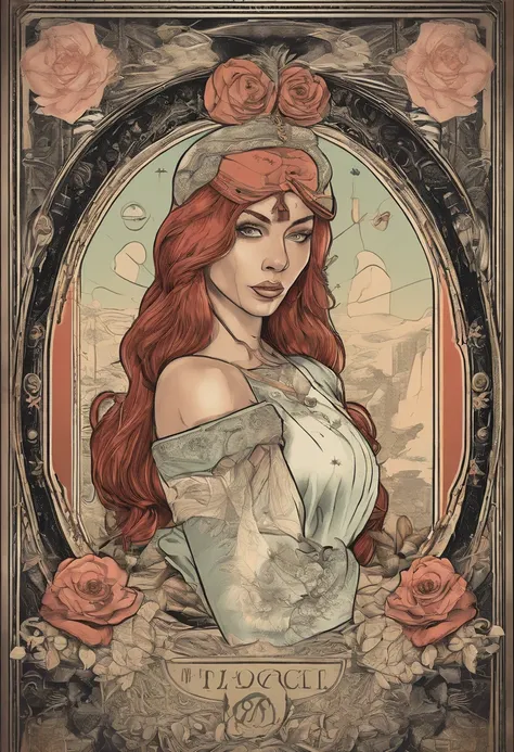 ((best quality)) , ((masterpiece)) , (detailed) ，（Tarot card illustration:1.1),loungewear, buxom American Beauty of Excellence, No makeup, Face Tattoos, Realistic, Smirking, Dollpunk, 50mm, 8k resolution