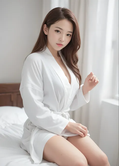 araffed woman in white robe sitting on a bed, wearing a simple robe, wearing white robe, wearing simple robes, wearing a white robe, wearing white silk robe, korean woman, gorgeous young korean woman, wearing long white robe, beautiful south korean woman, ...