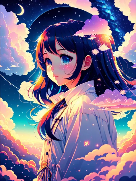 1 girl, eyes, closeup, beautiful night sky, meteor shower, beyond the clouds, enclosed water, reflection, wide angel, breathtaking clouds, wide angle, by Makoto Shinkai, Thomas Kinkade, James Gilliard, by Holosomnia Landscape, HDR, Volumetric lighting, Ray...