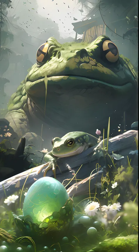 There is a frog sitting next to a green ball, highly realistic concept art, wlop and andrei riabovitchev, art by Wlop and Greg Rutkowski, Concept art wallpaper 4K, wlop and ross thran, frog perspective, Relaxing concept art, award winning concept art, WLOP...