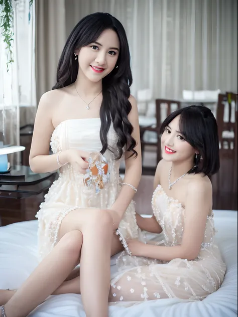 Masterpiece, best quality, high quality, 8k, UHD, Arafed a beautiful women sitting, wearing dress transparent, bed, white skin, black hair,