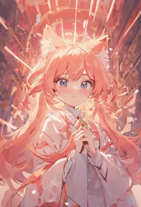 (White background:1.4),(The face of the girls head, Eyes open, Long pink hair,Pink fox ears，There are nine fluffy fox tails，The tail has a fiery red color at the end， Oriental elements)，(Chinese illustration:1.3，paper art:1.3, Quilted paper art:1.2),( reas...