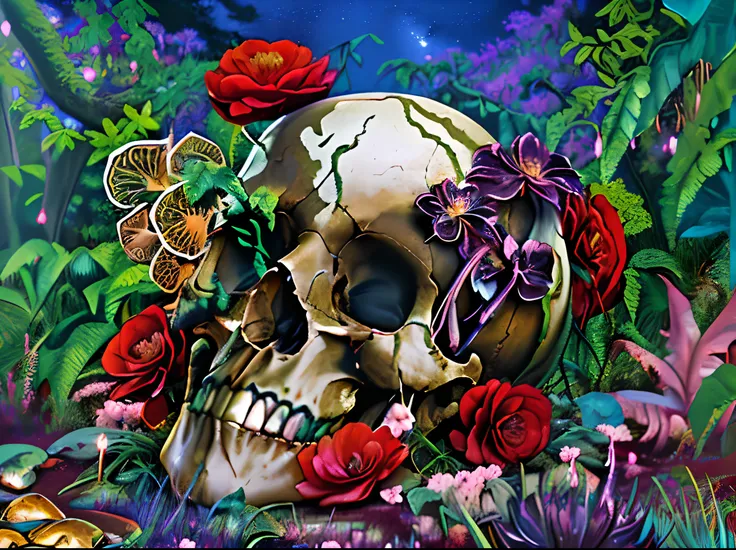 OilPaintStyle，Realist oil painting style，Human skull，It is surrounded by plants of various colors，blossoms，Cogumelos，a fantasy forest，Night Forest