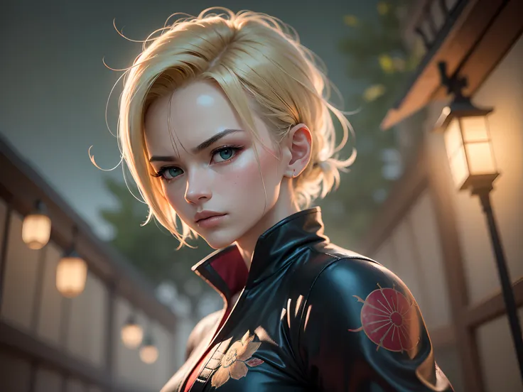 SeaArt Bot Variation 09:01:24 Dragon Ball Zs Android 18 as a Powerful Martial Artist in a Serene Setting, jardin japonais traditionnel, Captured with, diffused lighting, low camera angle, et un 1:1 aspect ratio for a harmonious and tranquil atmosphere. --a...