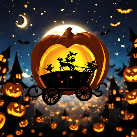 (halloween theme:1.5), (Pumpkin Carriage:1.5), chibi emote, flying starry sky like a movie "ET", Like the famous scene of the movie ET、Pumpkin Carriage soars through the sky、under huge full moon, silhuette、