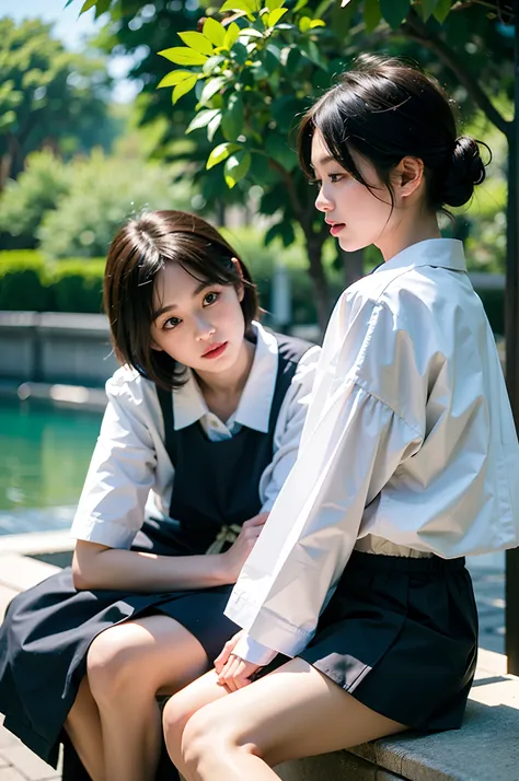 ​masterpiece, top-quality、Raw foto, Photorealsitic、I have two girls who are 18 years old、Walk while having a pleasant conversation、sideshot、a closeup、Open your mouth and laugh、Short bob blonde and long black hair、Japan High School Girl、a sailor suit、Knee-l...