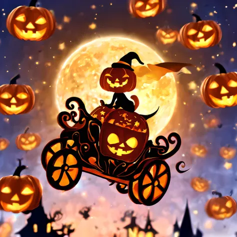 (halloween theme:1.5), (Pumpkin Carriage:1.5), chibi emote, flying starry sky like a movie "ET", Like the famous scene of the movie ET、Pumpkin Carriage soars through the sky、under huge full moon, silhuette、