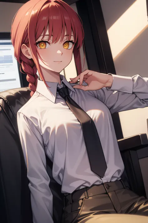 makima, long hair, smile, bangs, small breasts, (yellow eyes:1.2), braid, red hair, braided ponytail, ringed eyes, BREAK  shirt, long sleeves, jacket, white shirt, necktie, collared shirt, pants, black jacket, black pants, formal, suit, black necktie, shir...