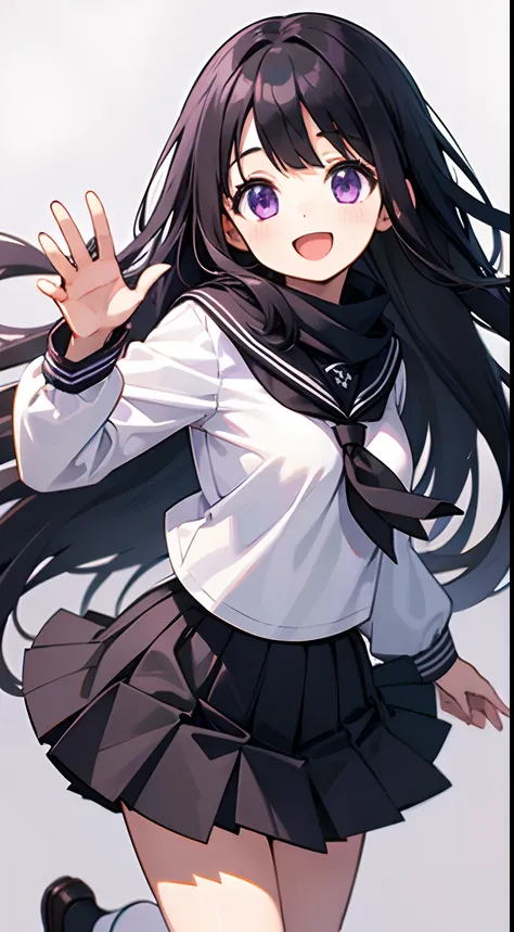 1girl, Chitanda are, long hair, black hair, School uniform, Purple eyes, white shirt, White socks, pleated skirt, fringe, black sailor necklace, Scarf, black skirt, long sleeves, smile, Waving, open mouth