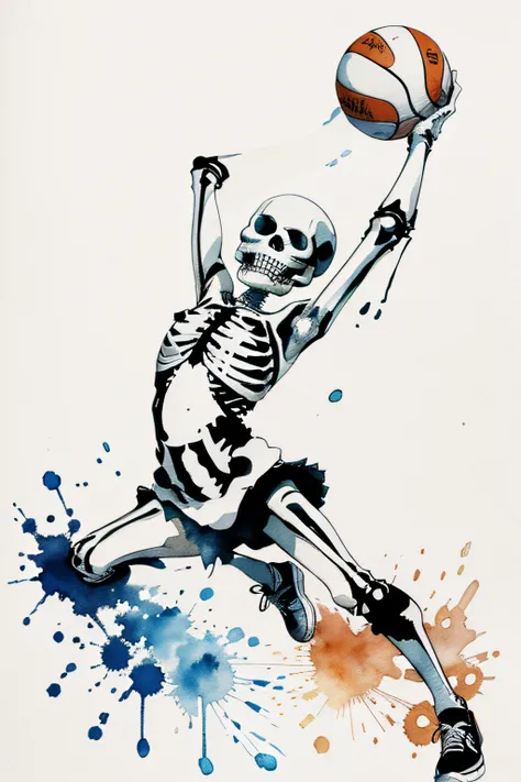 Skeletons are also very agile, so they could easily play sports such as basketball, soccer, or tennis,  vector, minimalistic, ink drawing, watercolor splash, detailed, water color splash, detailed, anime, illustration