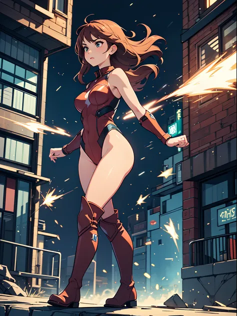 masterpiece, best quality, 1girl, superhero, leotard, bare legs, knee boots, matching boots, heroic, city backdrop, standing, body infused with energy, light particles solo, single, cowboy shot, perfect anatomy, powering up