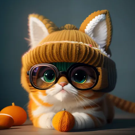 there is a cat wearing glasses and a knitted hat, adorable digital painting, cute 3 d render, cute digital art, cute detailed digital art, the cat is orange, orange cat, cute cat, an orange cat, cute cat photo, cute! c4d, cute artwork, lemon wearing sungla...