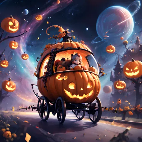 pumpkin carriage、pumpkin carriage in a sci-fi world、spaceship in the shape of a pumpkin carriage、pumpkin carriage moving through...