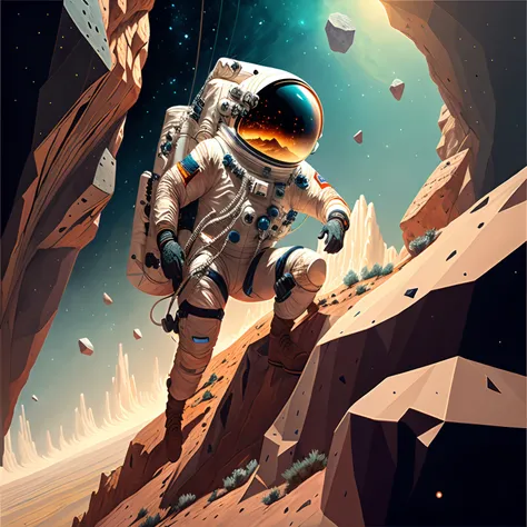 The astronaut, climbing the asteroid