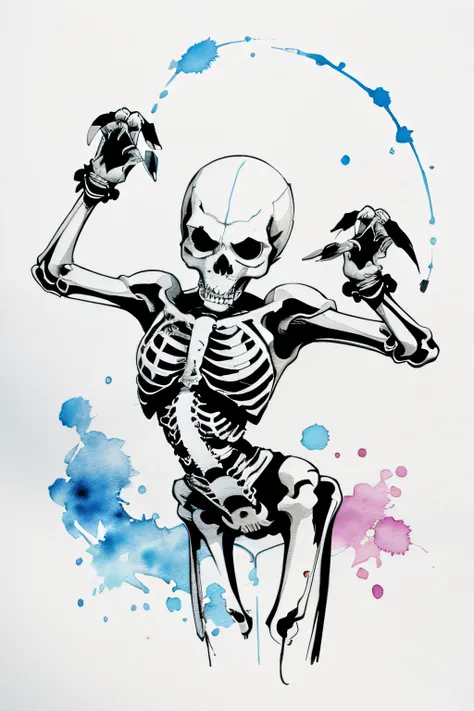 Skeletons could also play video games, using their bones as controllers,vector, minimalistic, ink drawing, watercolor splash, detailed, water color splash, detailed, anime, illustration