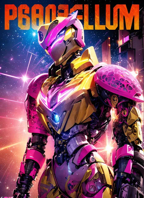 Close-up of robot in pink and yellow suit, Mecha suit, mecha art, mecha asthetic, girl in mecha cyber armor, neon armor, cool mecha style, neon scales and cyborg tech, Streamlined pink armor, dressed in light armor, in opal armor, intricate glowing mecha a...