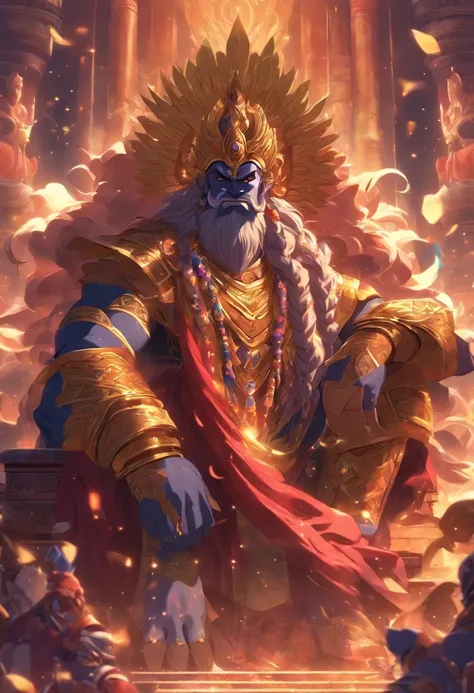 (((ANU))) best quality, ultra-high resolution, 4K detailed CG, masterpiece, generate an image of ravana from ramayana, siting on a royal throne, cinematic, detailed, dramatic lignings, aesthetic , centered on screen, full body