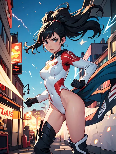 masterpiece, best quality, 1girl, superhero, leotard, bare legs, knee boots, matching boots, heroic, city backdrop, standing, body infused with energy, light particles solo, single, cowboy shot, perfect anatomy, powering up, black hair