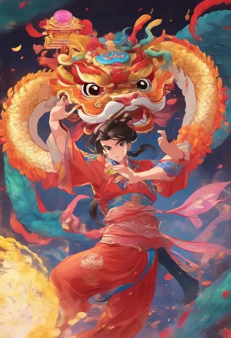 (best quality,4k,8k,highres,masterpiece:1.2),ultra-detailed,(realistic,photorealistic,photo-realistic:1.37),upward gaze,spring festival,children in traditional Chinese clothing delightedly performing lion dance,lit lanterns on both sides,vibrant fireworks,...