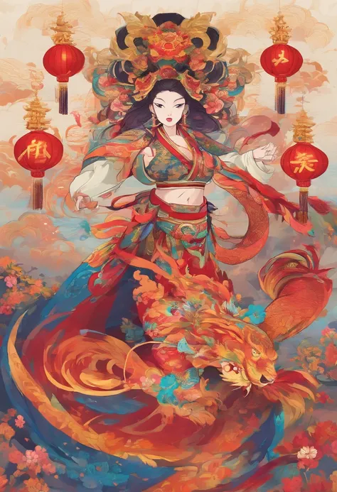 (best quality,4k,8k,highres,masterpiece:1.2),ultra-detailed,(realistic,photorealistic,photo-realistic:1.37),upward gaze,spring festival,children in traditional Chinese clothing delightedly performing lion dance,lit lanterns on both sides,vibrant fireworks,...