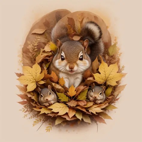 There is 1 squirrel sleeping on a pile of leaves and mushrooms, ardilla caprichoso,ardilla, Beautiful autumn spirit, autumn, ardilla, ardilla animal, El encantadora ardilla, Inspirado en Nicoletta Ceccoli