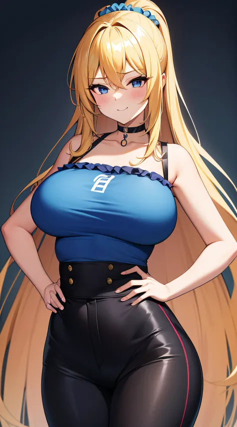 A cartoon girl with long blonde hair and blue top poses on camera，both hands on hip，1个Giant Breast Girl，Black choker，Blue scrunchie，nedium breasts，choker，hair on one eye，Hair scrunchie，jewely，Large breasts，long whitr hair，looking at viewert，trouser，scrunch...