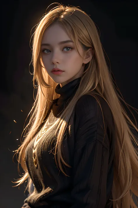 Best quality, masterpiece, ultra high res, (photorealistic:1.4), raw photo, 1girl, long hair, gold hair, detailed eyes and face, black sweater, dynamic lighting, in the dark, deep shadow, low key, cowboy shot