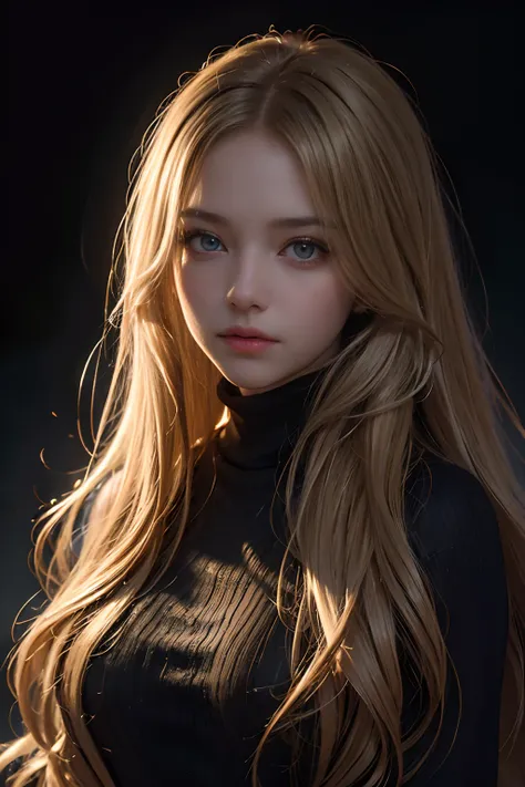 Best quality, masterpiece, ultra high res, (photorealistic:1.4), raw photo, 1girl, long hair, gold hair, detailed eyes and face, black sweater, dynamic lighting, in the dark, deep shadow, low key, cowboy shot