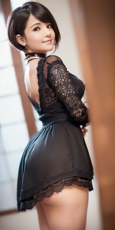 ((((intricate details)))): ((curtsy:1.2), (((low angle view))), 50% maid clothing, 20% pinch miniskirt , thigh, 1 sexy girl, (masterpiece), black short hair , realistic colors, sharp focus, depth of field, wide v-neck, cinematic lighting, pretty face, smil...