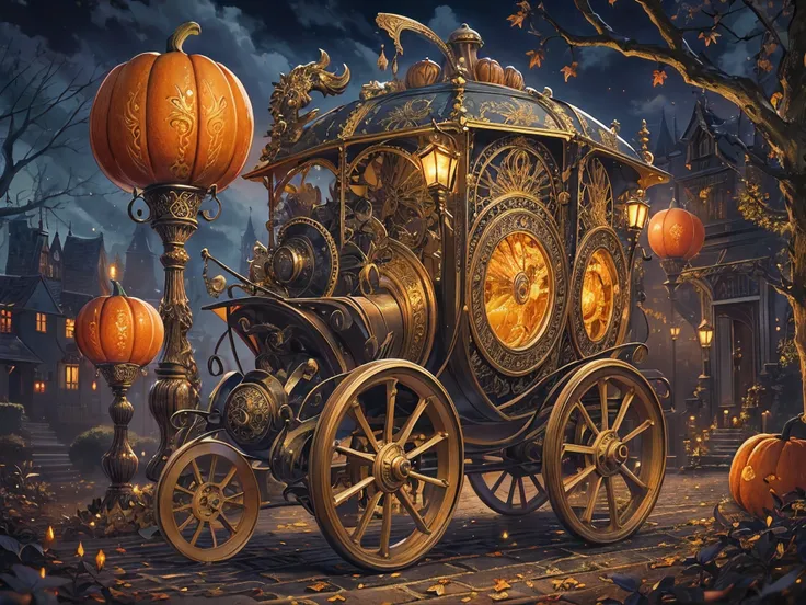 a pumpkin mechanical carriage, vibrant colors, realistic, highres, ultra-detailed, steampunk-style, meticulously carved pumpkin lanterns, elaborate brass gears, ornate Victorian-style decorations, hissing steam, billowing smoke, cobblestone streets, curvin...