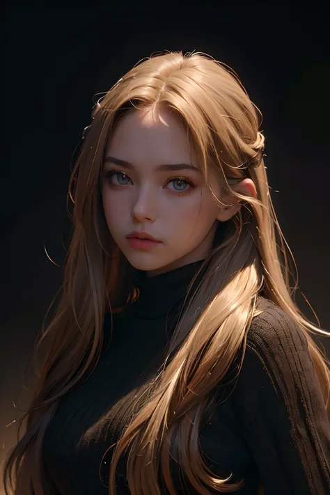 Best quality, masterpiece, ultra high res, (photorealistic:1.4), raw photo, 1girl, long hair, gold hair, detailed eyes and face, black sweater, dynamic lighting, in the dark, deep shadow, low key, cowboy shot