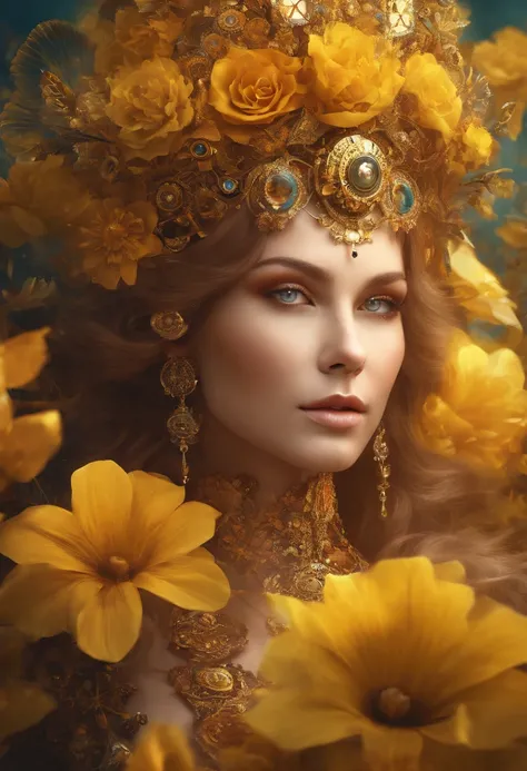 absurderes, A high resolution, Ultra detailed, (1girll:1.3), Fantasy steampunk costumes , Psychedelic, fractal patterns, geometric figure, Dynamic, Bright colors, (Flowers, petals), (Gold and yellow:1),