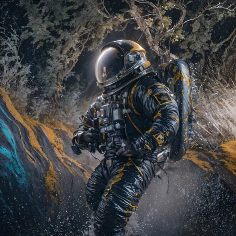 ((ultra real detailed.The astronaut) (Masterpiece, Top quality, Best quality, offcial art, Beauty and aesthetics: 1.2), Very detailed, Colorful, Most detailed, branches, The astronaut, （Mards）The astronaut（canyons）， （Linen future spacesuit）， Angry fighting...