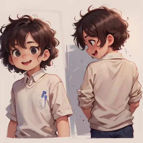 A boy with short curly hair, cheerfulness
((From several different angles))
From the opposite side, From behind, From personal data,
 full bodyesbian,  Different angels,
 In the style of the characters in Childrebs book, character sheets, White background,...