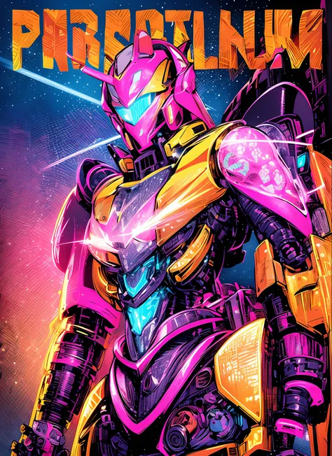 Close-up of robot in pink and yellow suit, Mecha suit, mecha art, mecha asthetic, girl in mecha cyber armor, neon armor, cool mecha style, neon scales and cyborg tech, Streamlined pink armor, dressed in light armor, in opal armor, intricate glowing mecha a...