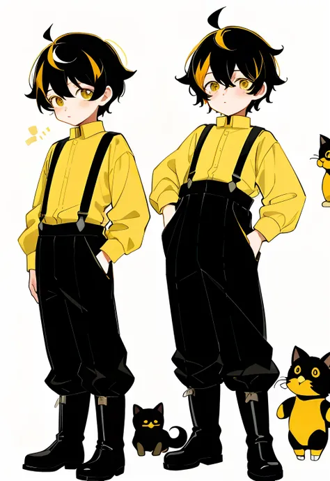 younge boy，multiple postures and expressions，Childrens book illustration style，، simple，adolable，full-color，Black boots，Black suspenders，Dark yellow hair，flatcolors，White background - no pets --niji 5